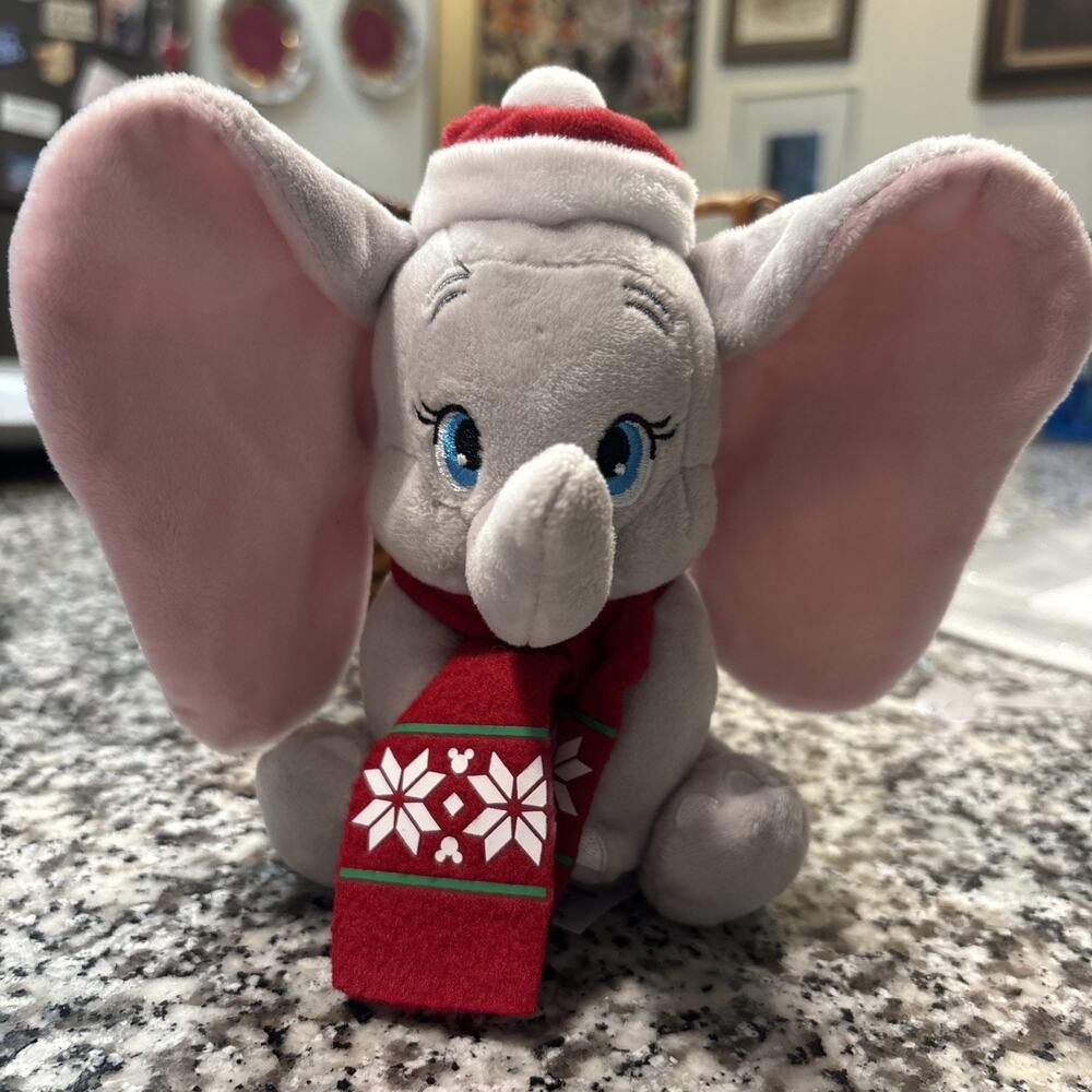Disney Store Dumbo Plush Stuffed Animal w/ Santa Hat & Scarf Small 2018